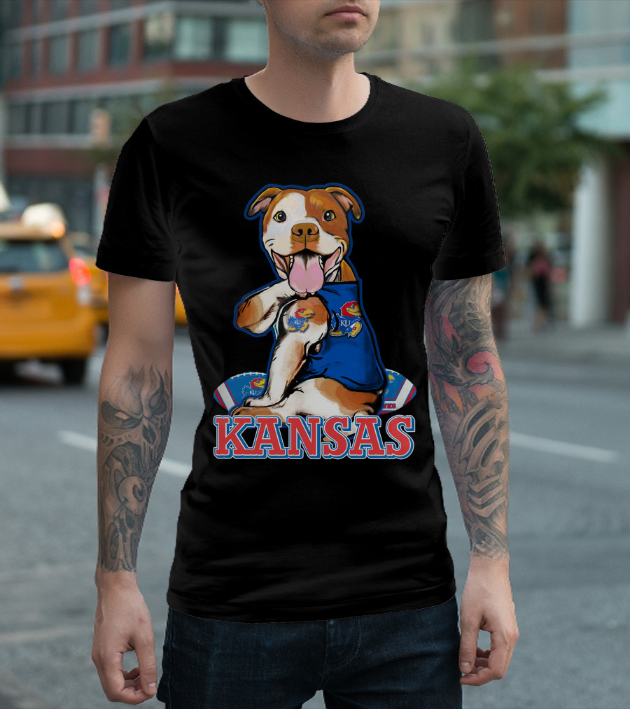 Kansas Pitbull Mascot with Jayhawks Football T-Shirt