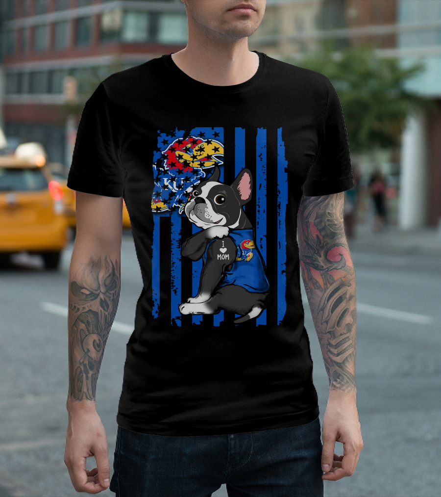 Boston Terrier I Love Mom Kansas Jayhawks KU Logo Blue Stripes T-Shirt