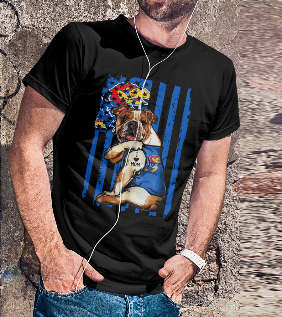 Bulldog Wearing Kansas Jayhawks I Love Mom Tattoo With Blue Stripes And Jayhawk T-Shirt