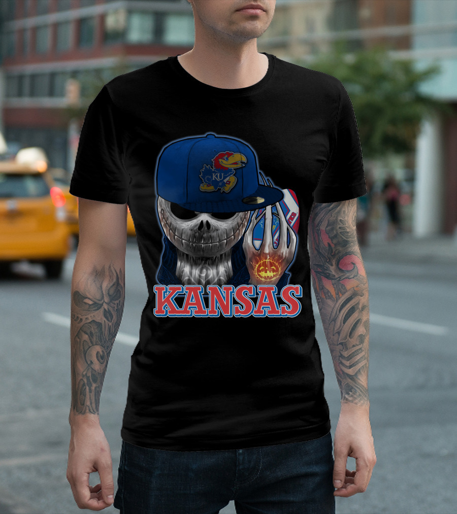 Kansas Jayhawks Skull Halloween Pumpkin Blue Cap T-Shirt