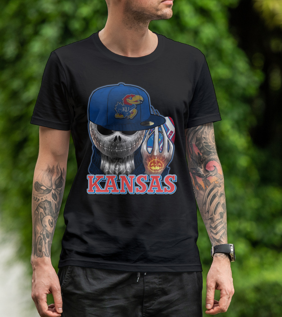 Kansas Jayhawks Skull Halloween Pumpkin Blue Cap T-Shirt