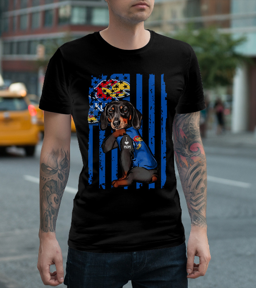 Dachshund I Love Mom Kansas Jayhawks Blue Stripes T-Shirt