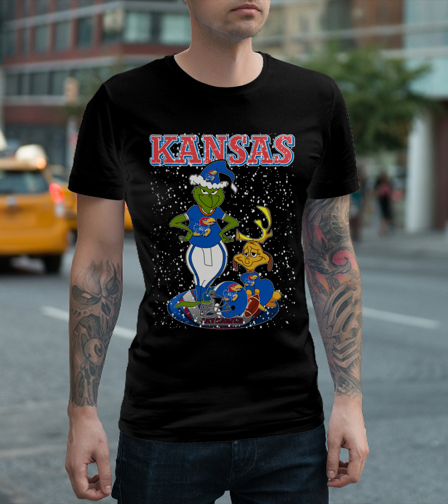 Kansas Grinchxmas Jayhawks KU Snowy Football Holiday T-Shirt