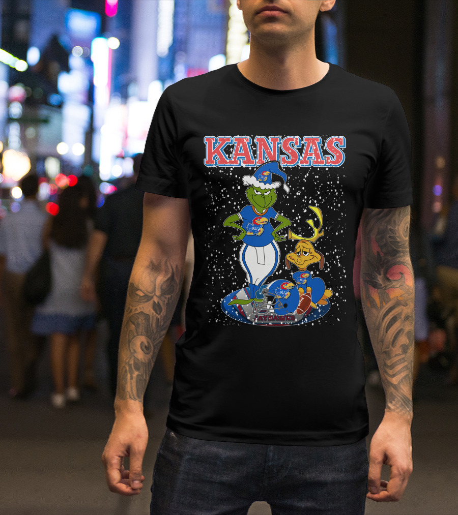 Kansas Grinchxmas Jayhawks KU Snowy Football Holiday T-Shirt