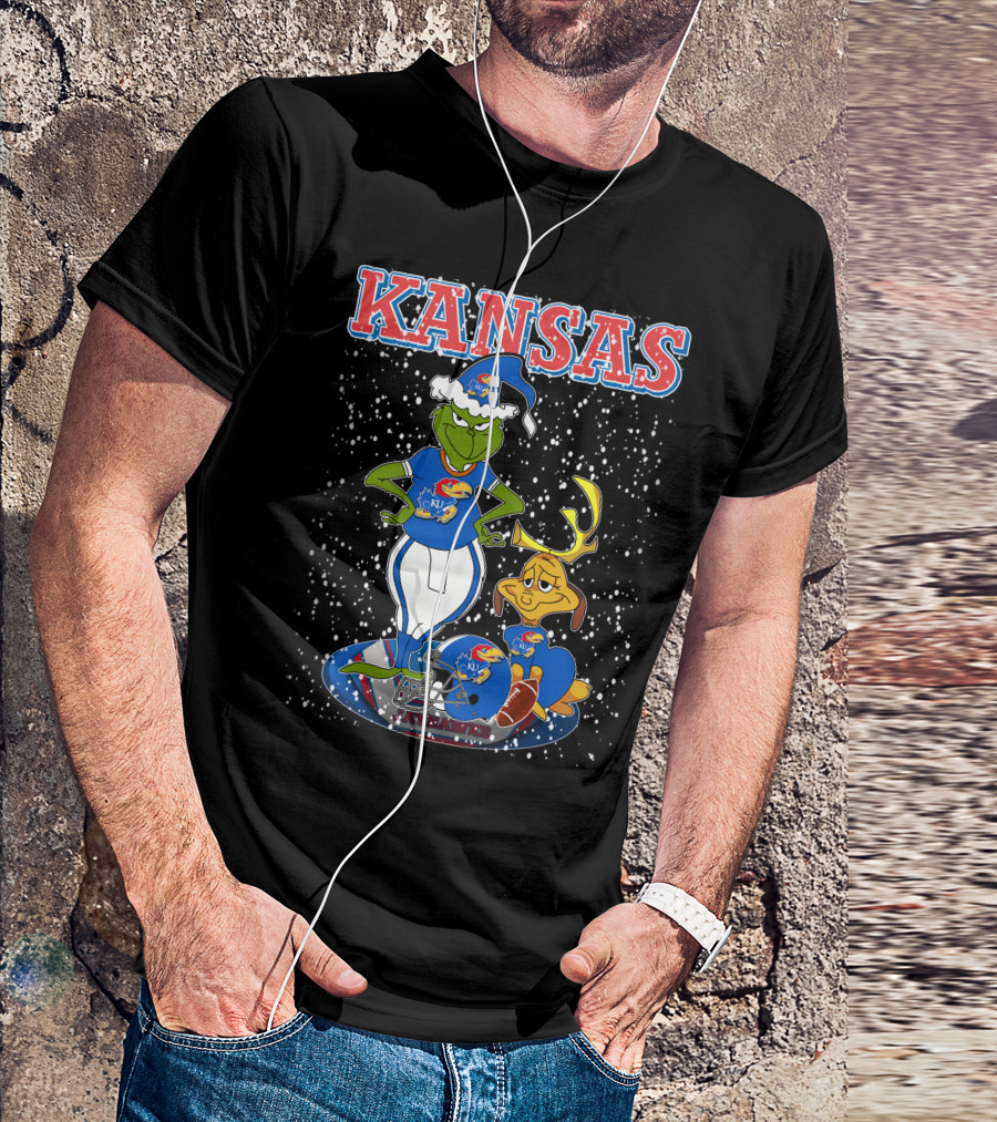 Kansas Grinchxmas Jayhawks KU Snowy Football Holiday T-Shirt