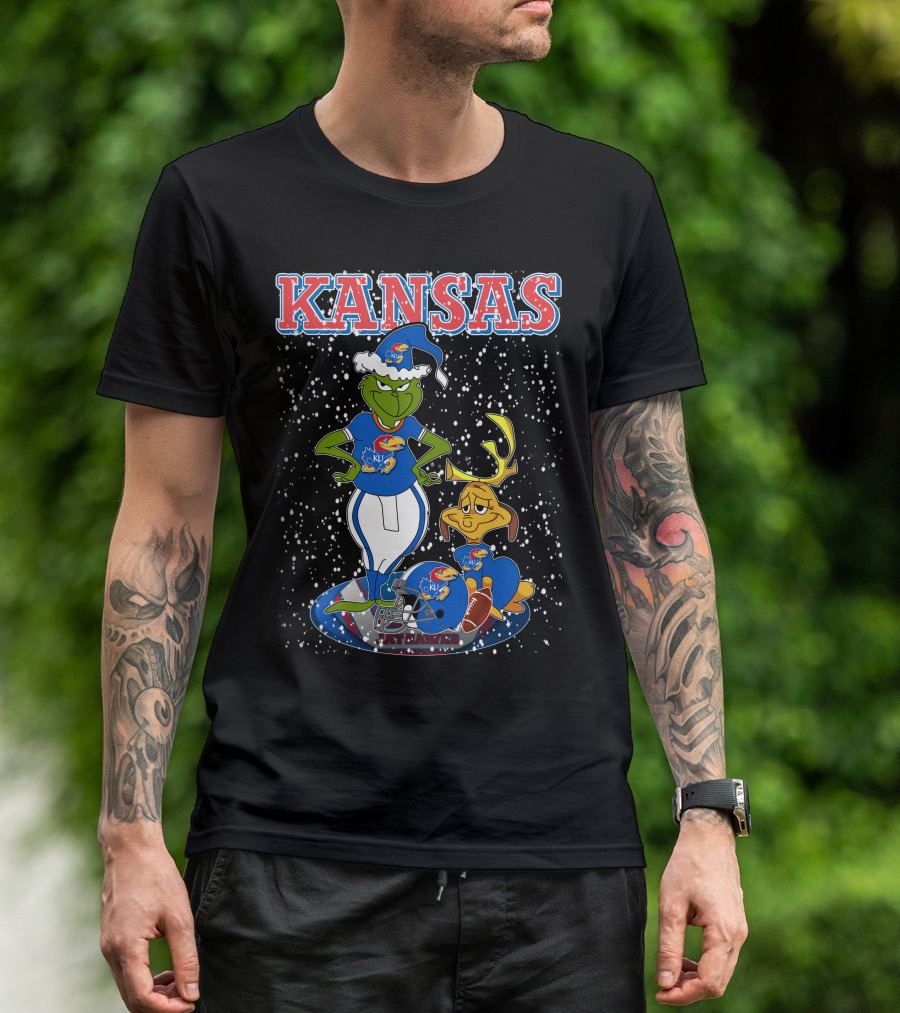 Kansas Grinchxmas Jayhawks KU Snowy Football Holiday T-Shirt