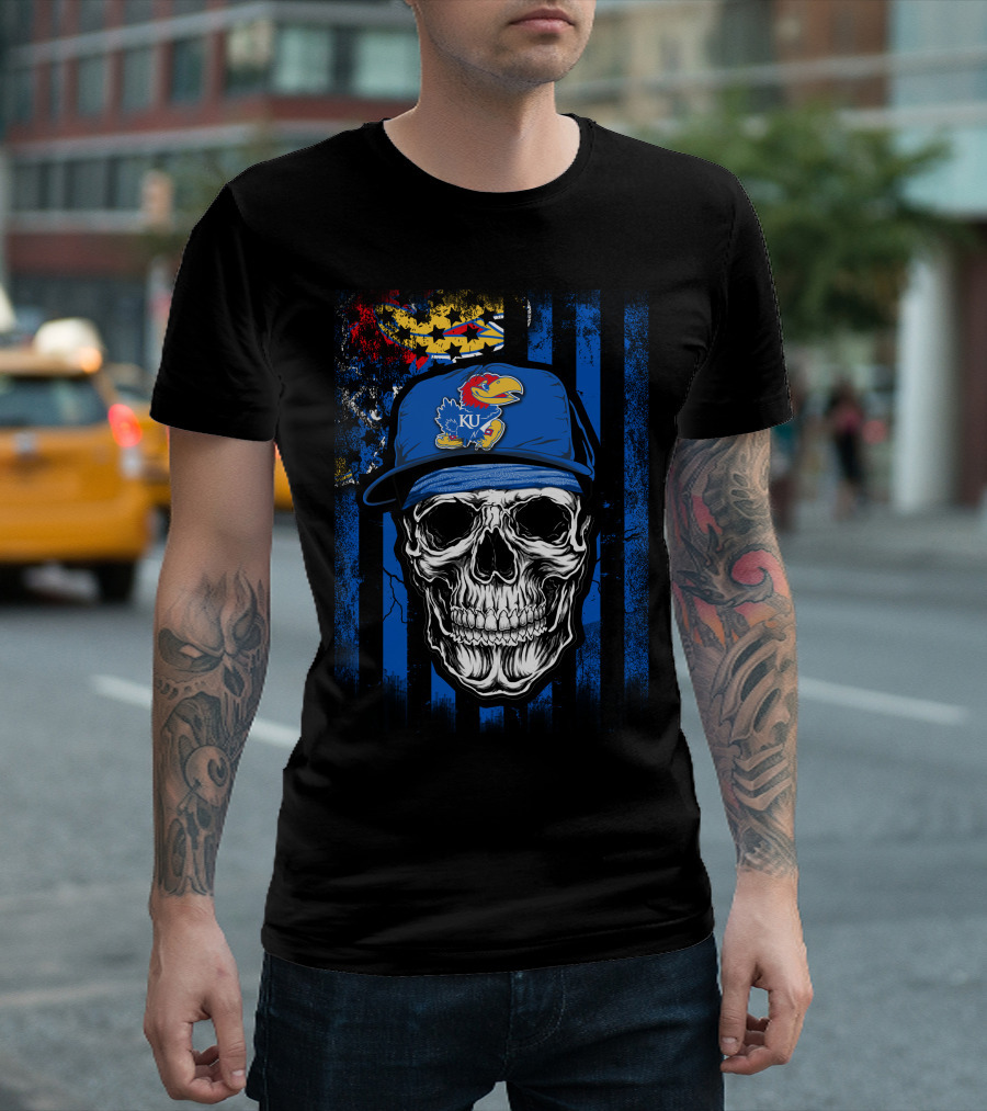 Skull Kansas Jayhawks KU Logo Hat Blue and Red Stripes T-Shirt