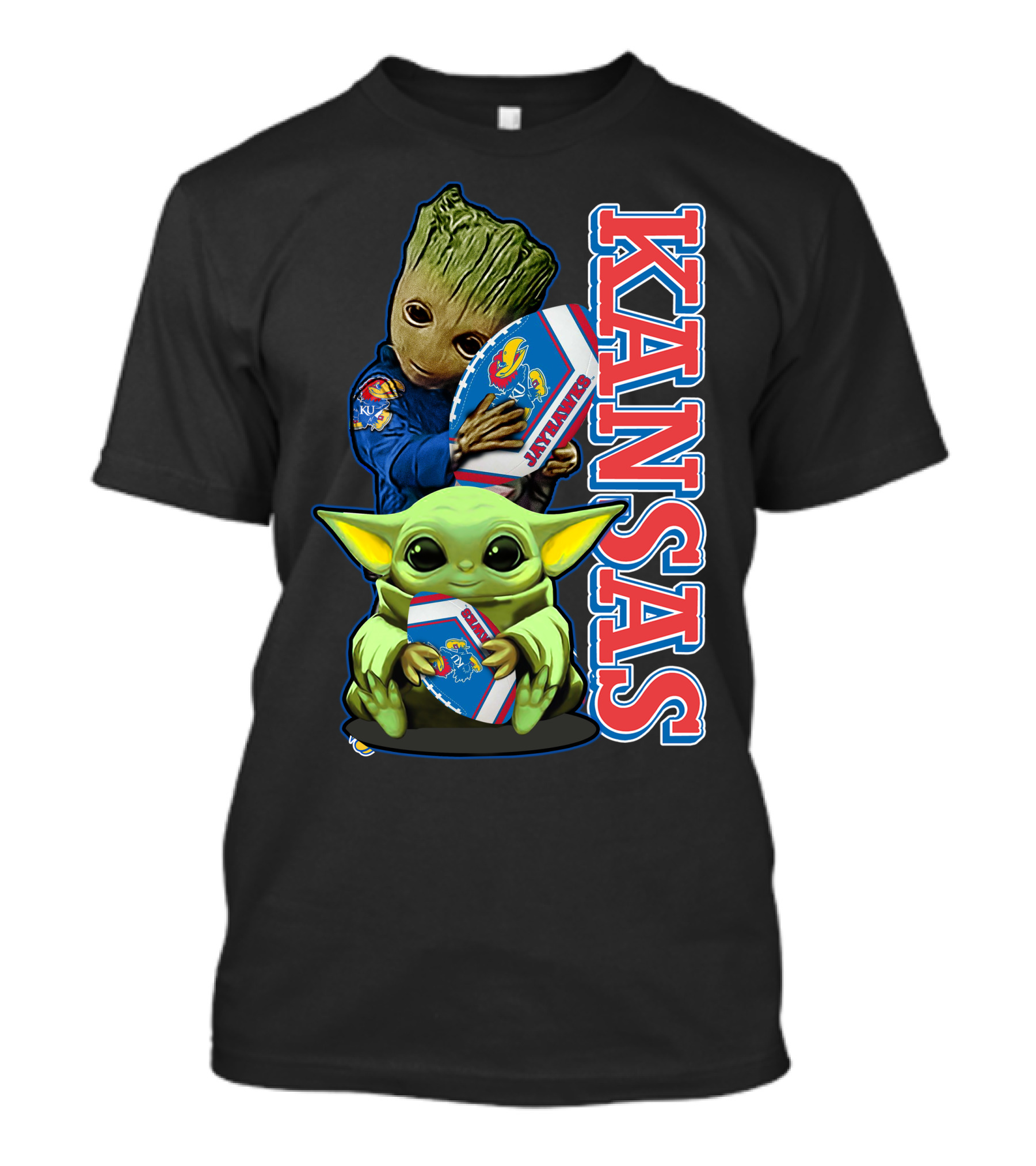 Kansas Jayhawks Groot Baby Yoda Football Hug T-Shirt