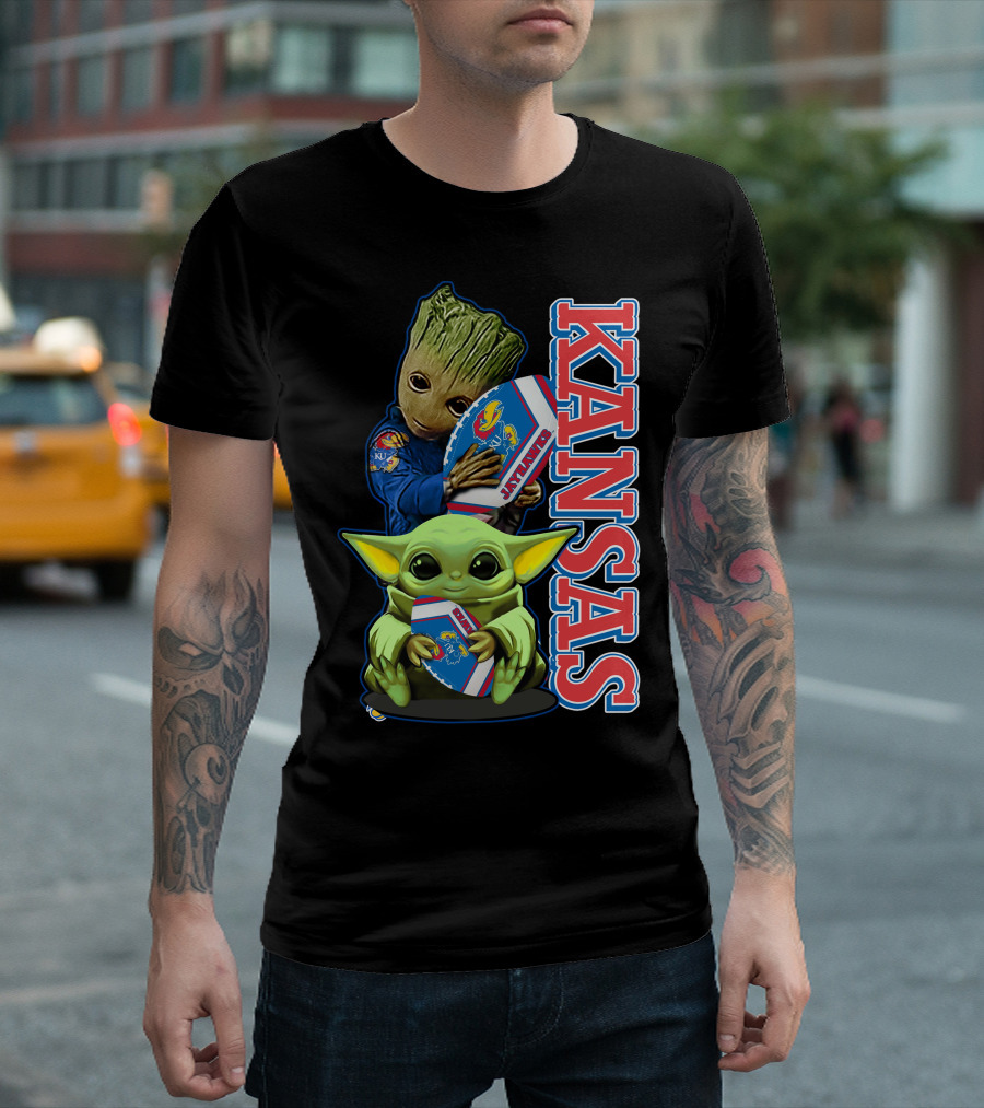 Kansas Jayhawks Groot Baby Yoda Football Hug T-Shirt