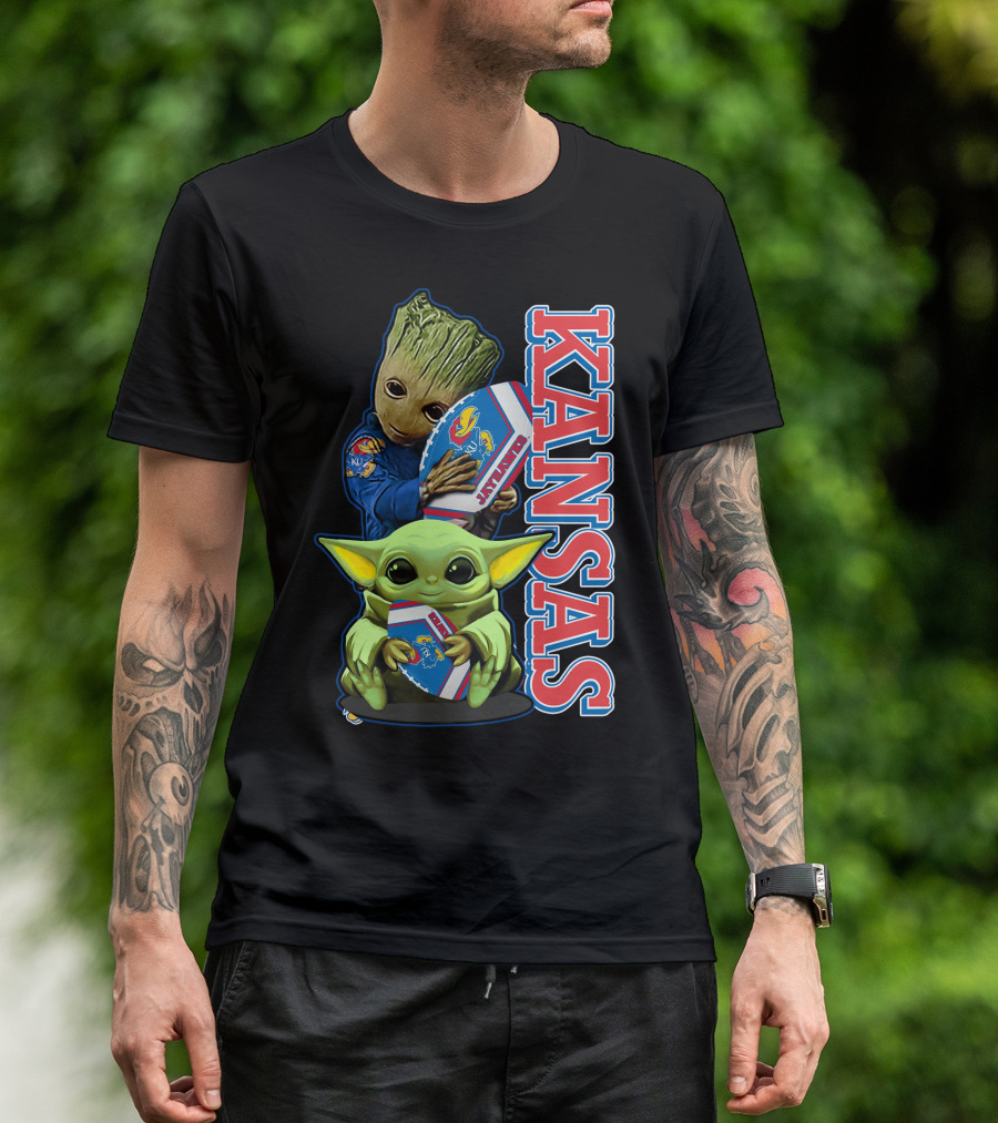 Kansas Jayhawks Groot Baby Yoda Football Hug T-Shirt