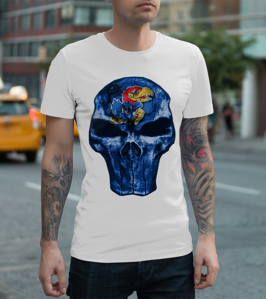 Kansas Jayhawks Logo On Blue Skull T-Shirt