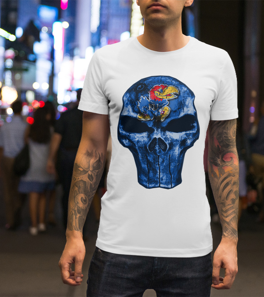 Kansas Jayhawks Logo On Blue Skull T-Shirt