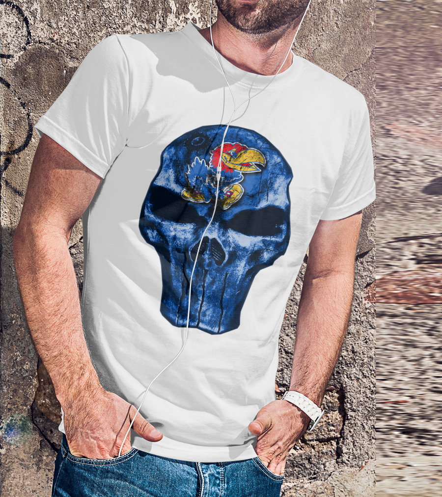 Kansas Jayhawks Logo On Blue Skull T-Shirt