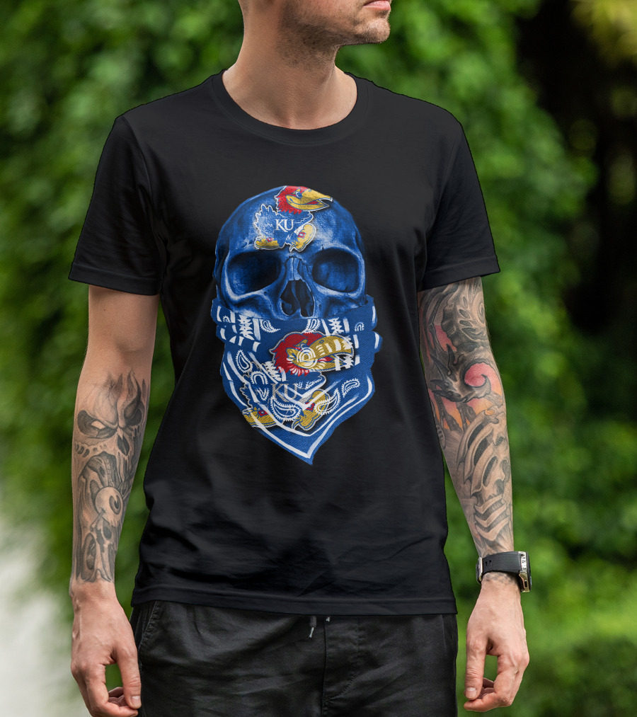Kansas Jayhawks Skull With KU Bandana T-Shirt