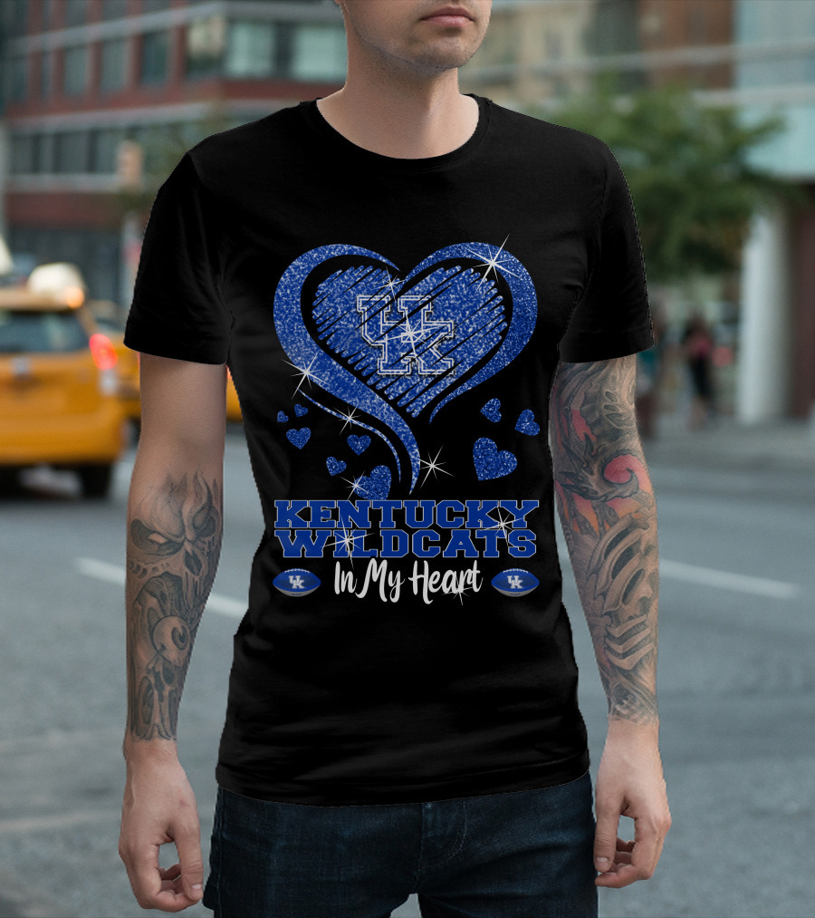 Kentucky Wildcats UK Logo In My Heart With Glittering Blue Hearts T-Shirt