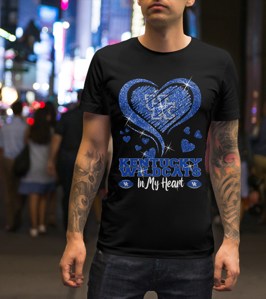 Kentucky Wildcats UK Logo In My Heart With Glittering Blue Hearts T-Shirt