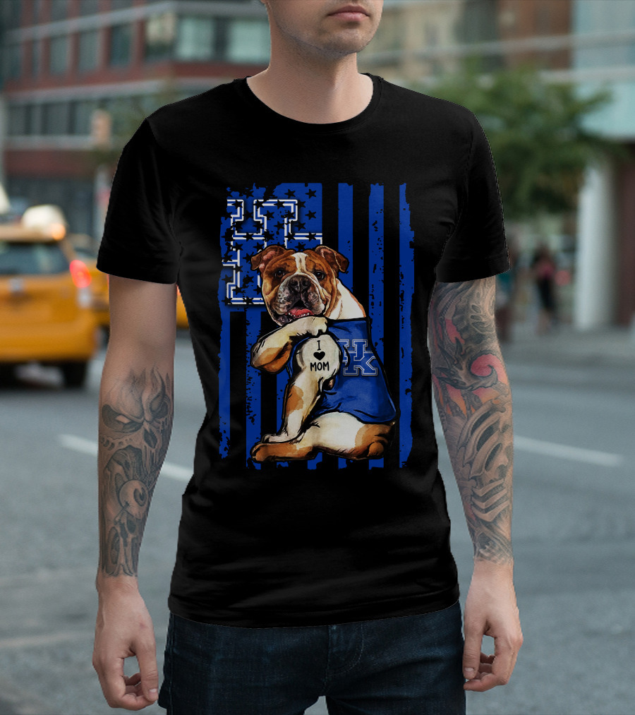 Bulldog Wearing Kentucky Wildcats Blue Jersey American Flag Background T-Shirt