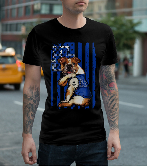 Bulldog Wearing Kentucky Wildcats Blue Jersey American Flag Background T-Shirt