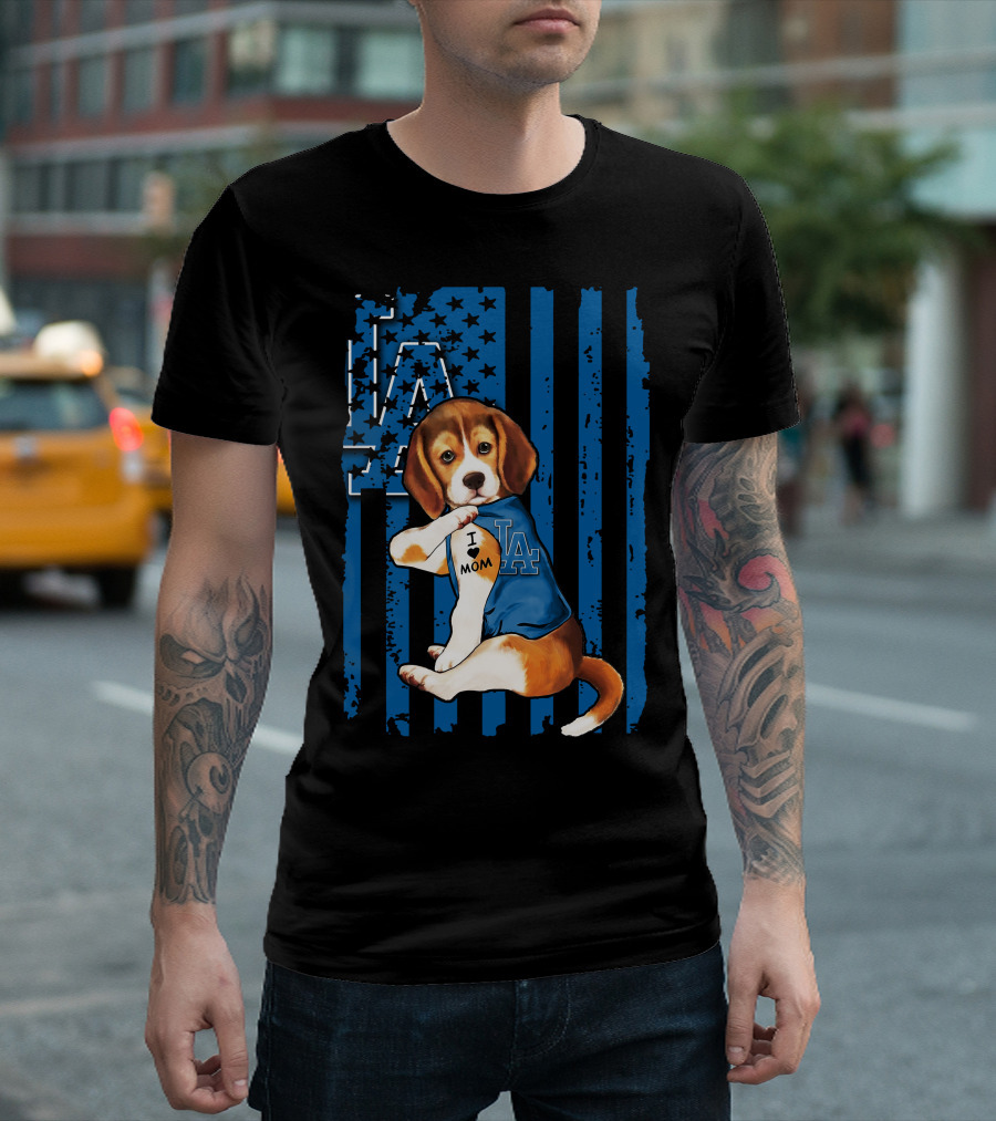 Beagle Wearing Los Angeles Dodgers Shirt with Tattoo I Love Mom T-Shirt