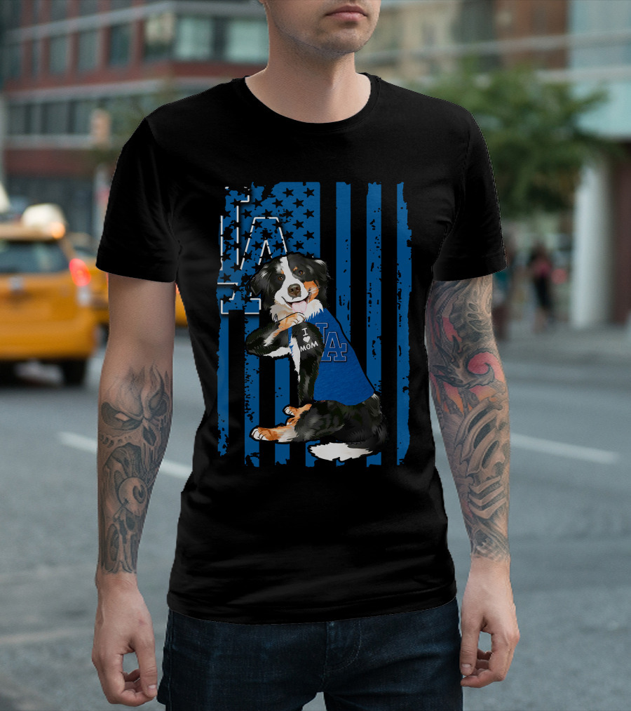 Border Collie I Love Mom Los Angeles Dodgers Blue Flag T-Shirt