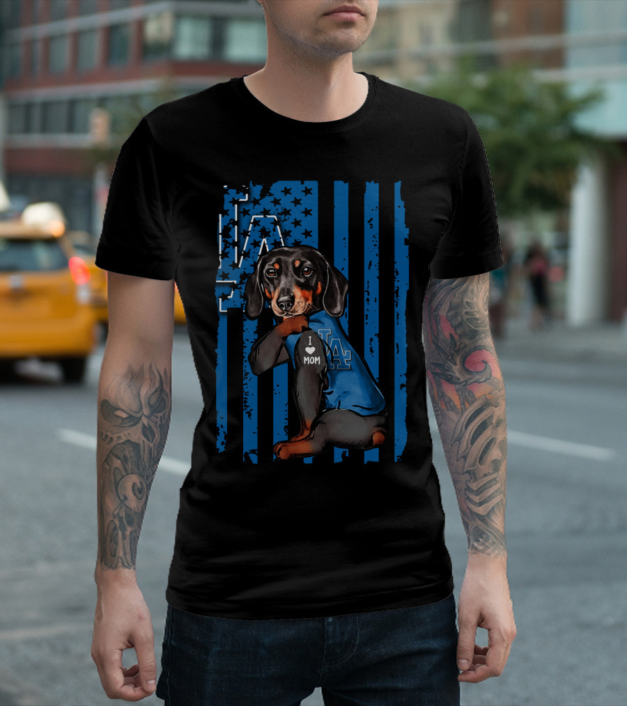 Dachshund I Love Mom LA Dodgers American Flag T-Shirt