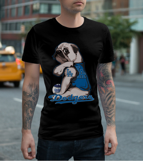 Pug Los Angeles Dodgers Mascot With Baseball And LA Insignia T-Shirt