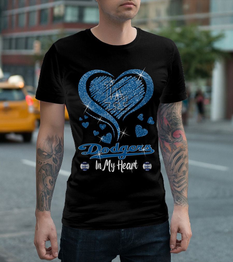 In My Heart Dodgers LA Sparkle Blue Hearts T-Shirt