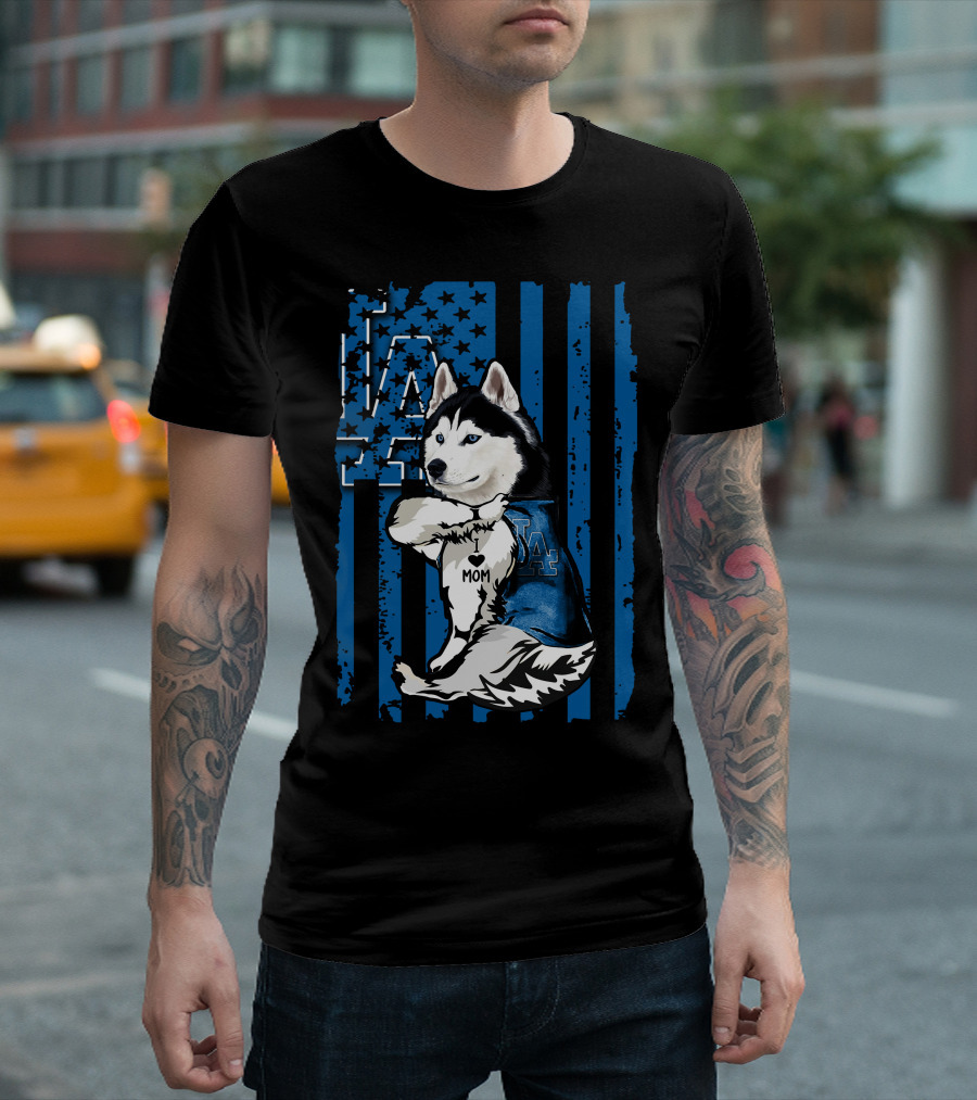 Siberian Husky LA Dodgers Blue American Flag Mom Tattoo T-Shirt