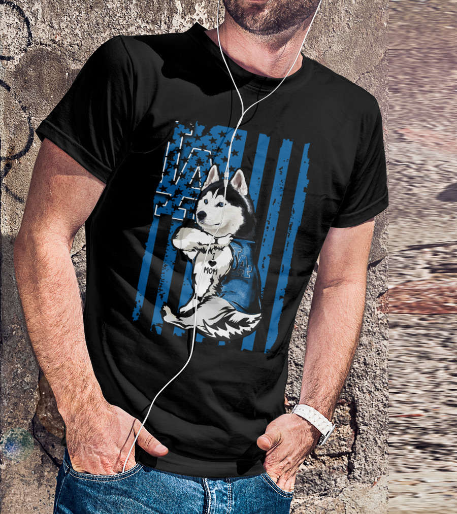 Siberian Husky LA Dodgers Blue American Flag Mom Tattoo T-Shirt