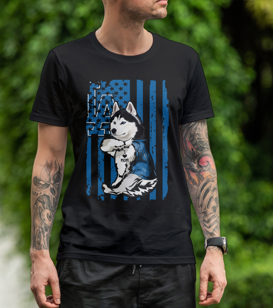 Siberian Husky LA Dodgers Blue American Flag Mom Tattoo T-Shirt