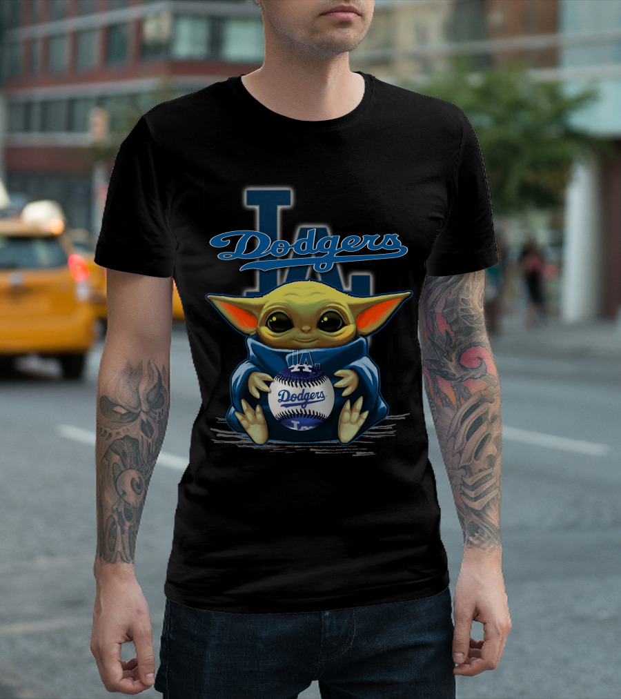 Yoda Holding Dodgers Baseball with Los Angeles Dodgers Logo Background T-Shirt