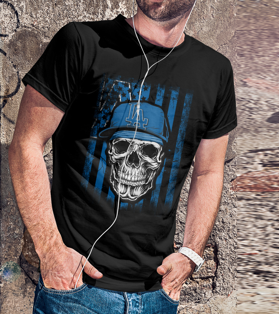Skull Los Angeles Dodgers Baseball Cap Blue Stripes Stars T-Shirt