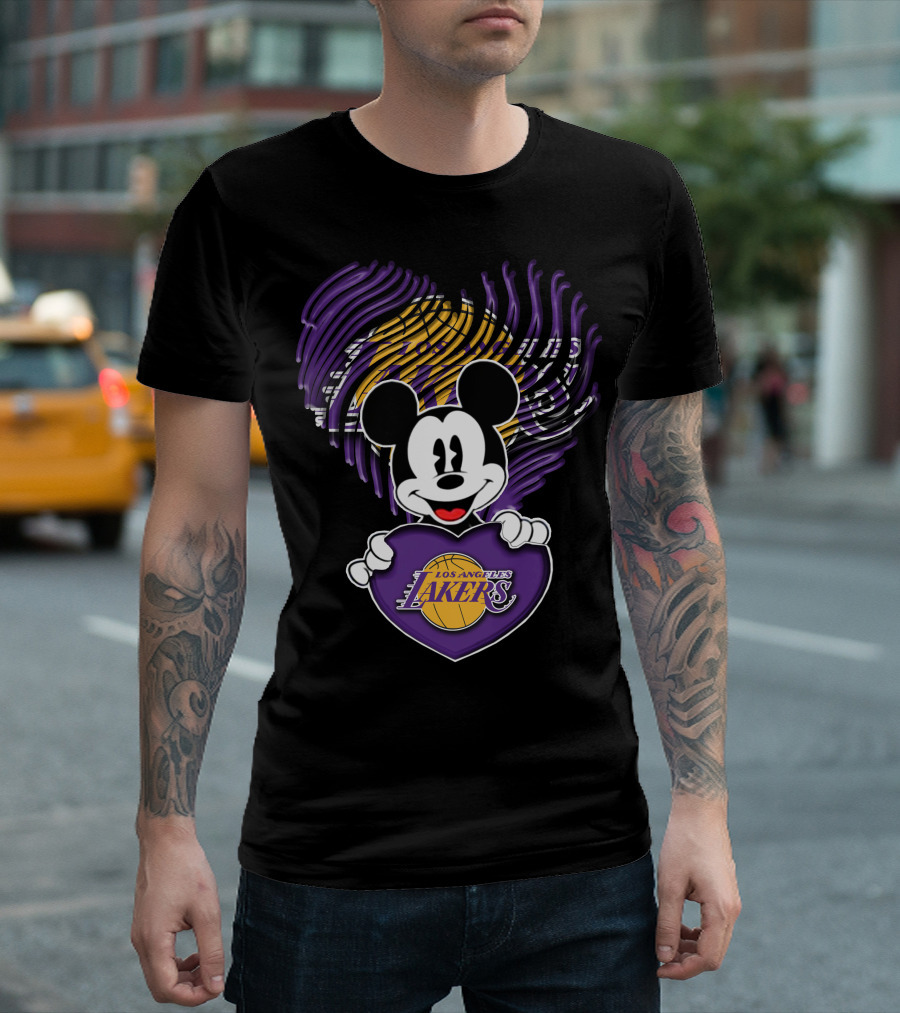 Mick Mouse Los Angeles Lakers Basketball Team Logo Handprint Heart T-Shirt