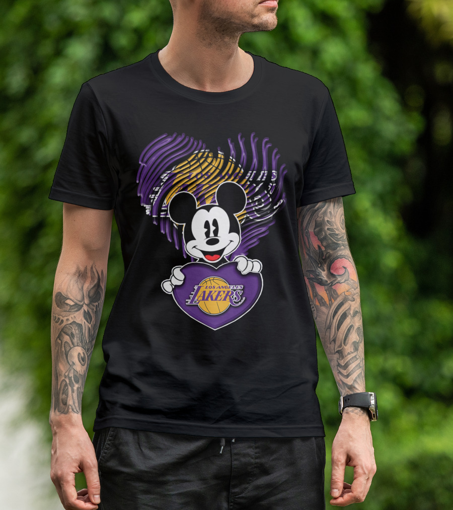 Mick Mouse Los Angeles Lakers Basketball Team Logo Handprint Heart T-Shirt