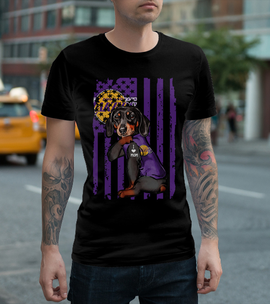 Dachshund I Love Mom Los Angeles Lakers Purple Basketball Team Fan T-Shirt