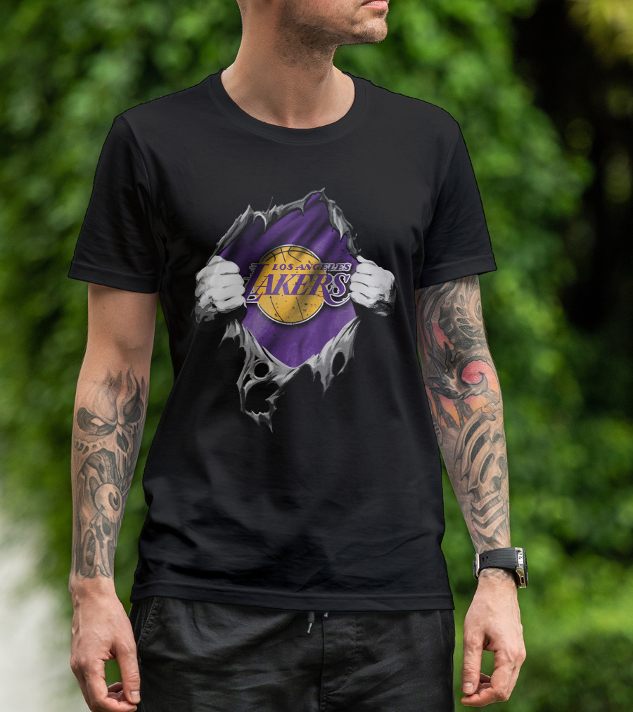 Torn Los Angeles Lakers Logo With Basketball And Hands T-Shirt