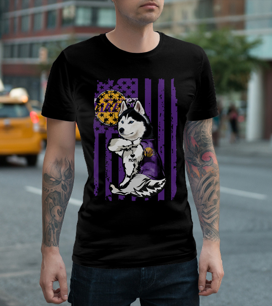 Siberian Husky Mom Los Angeles Lakers Fan With Purple American Flag Background T-Shirt