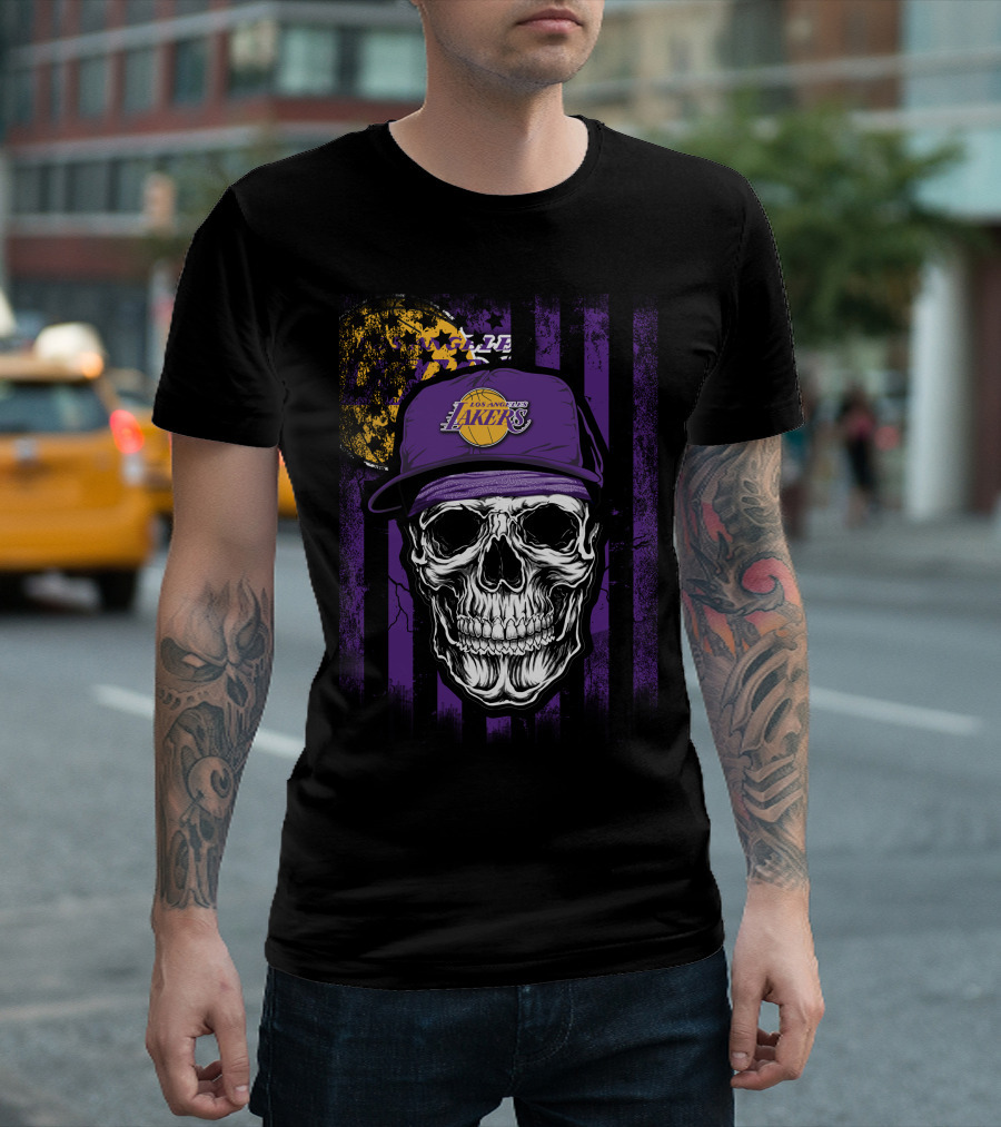 Los Angeles Lakers Skull Cap Bold Gothic T-Shirt