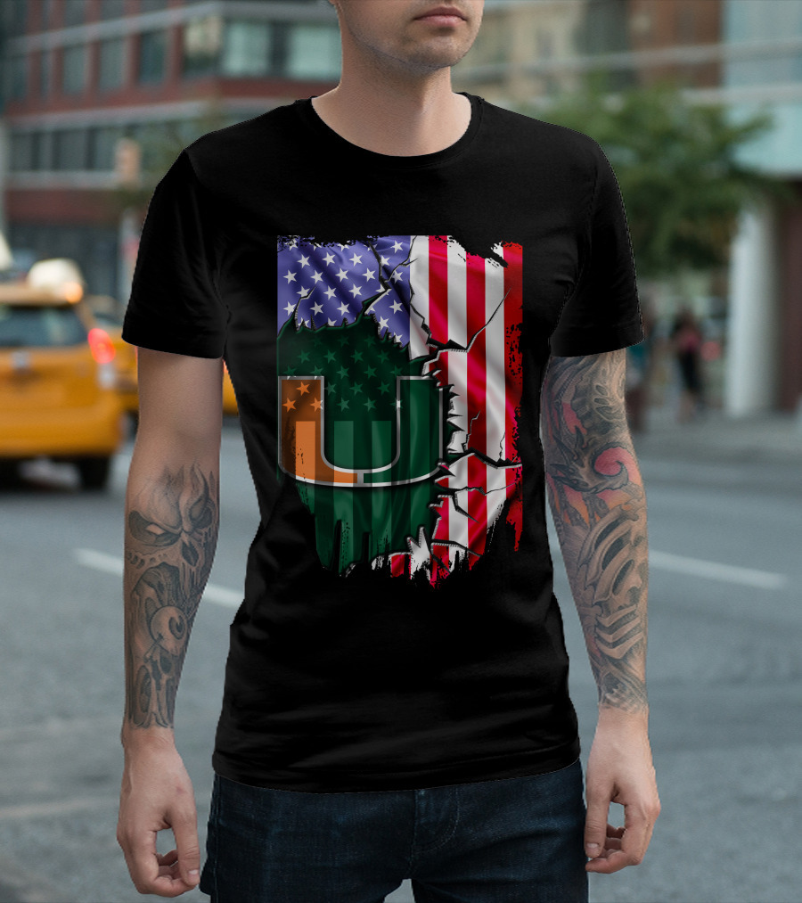 Flag Miami Hurricanes University U Patriotic USA Flag T-Shirt