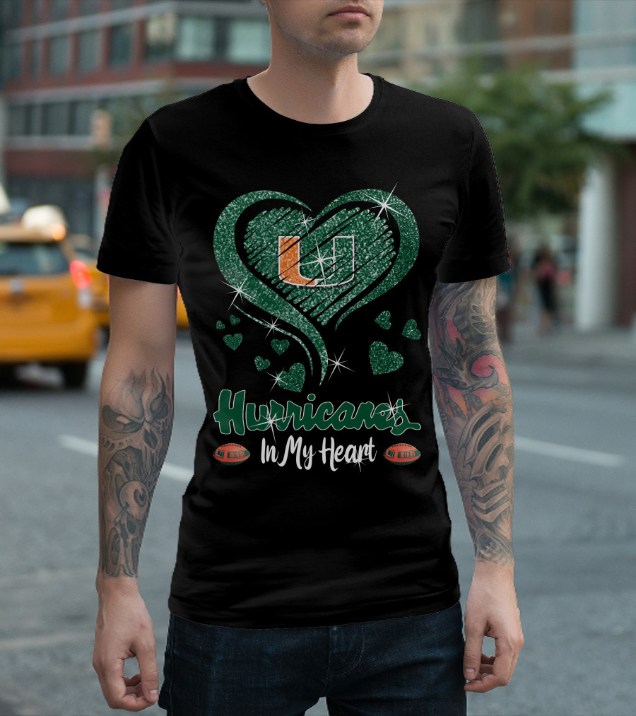 Hurricanes In My Heart Miami U Logo Football Sparkle Hearts T-Shirt