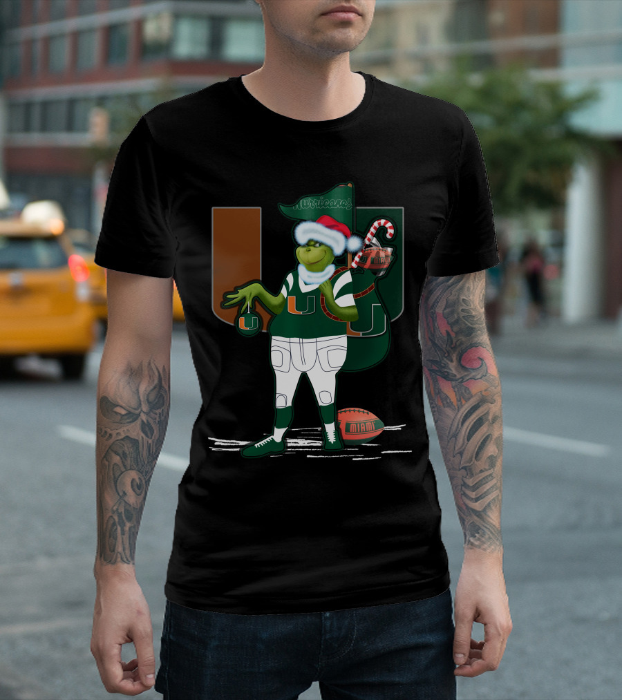 Grinchxmas Miami Hurricanes Festive Football Santa Grinch with Logo and Candy Cane Sack T-Shirt