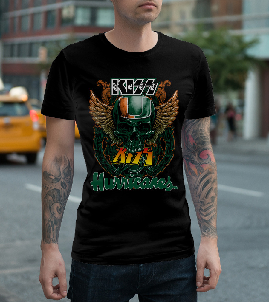 Kiss Miami Hurricanes Skull Winged Helmet Logo Collaboration T-Shirt