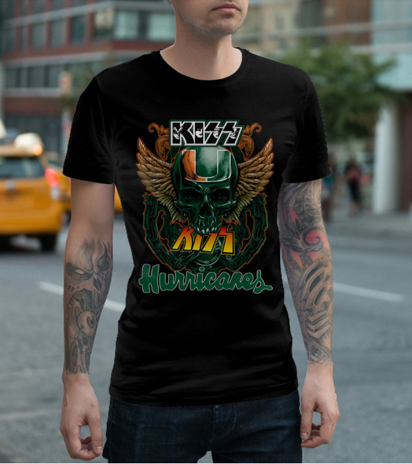 Kiss Miami Hurricanes Skull Winged Helmet Logo Collaboration T-Shirt