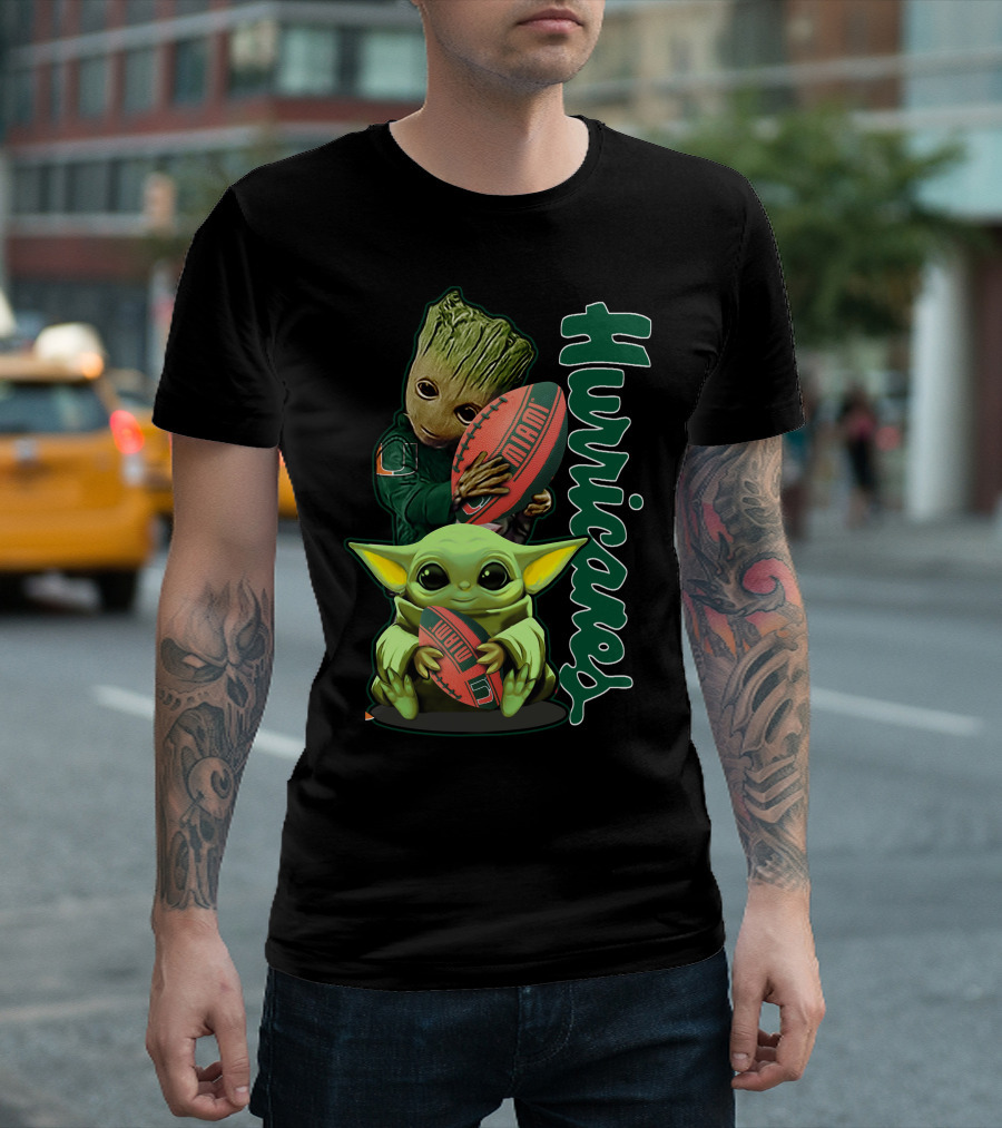 Grzd Miami Hurricanes Baby Yoda Groot Football T-Shirt