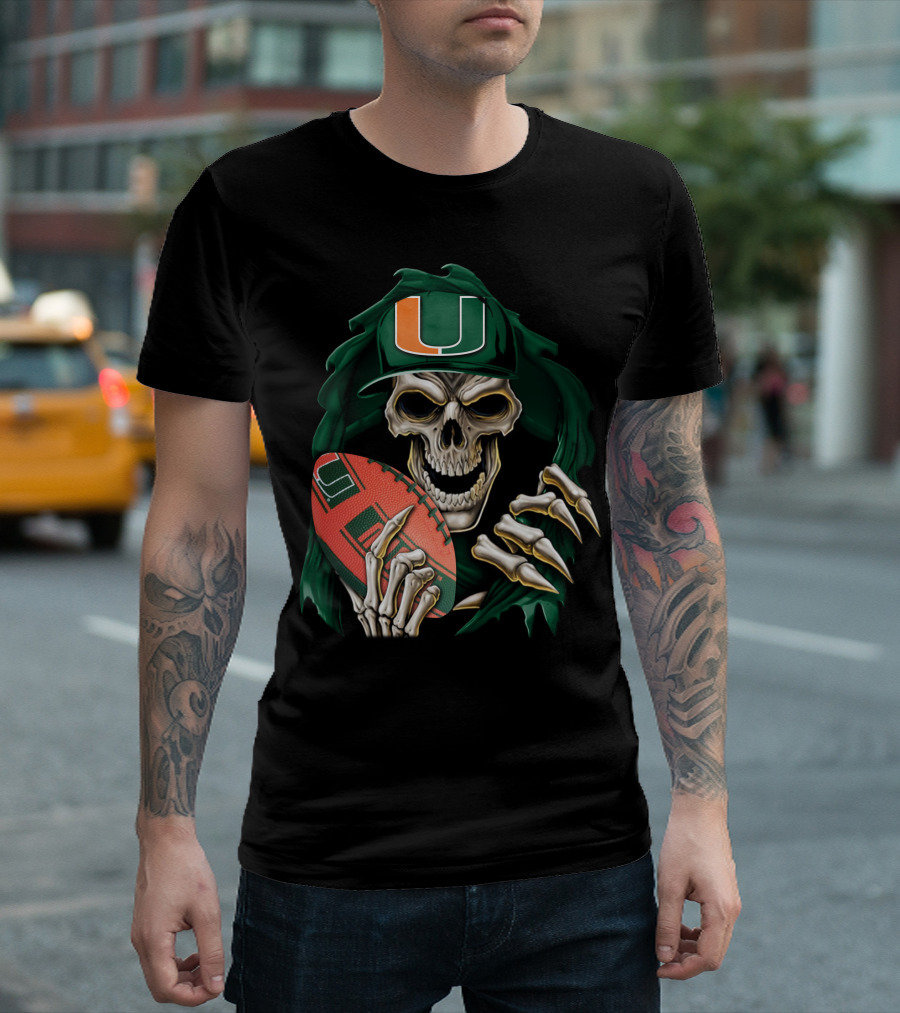 Skullbong Miami Hurricanes Skeleton Holding Football T-Shirt