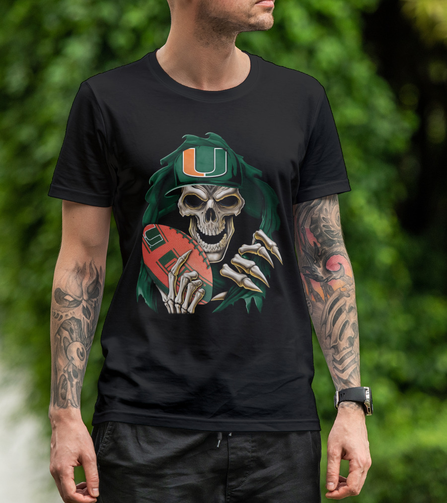 Skullbong Miami Hurricanes Skeleton Holding Football T-Shirt