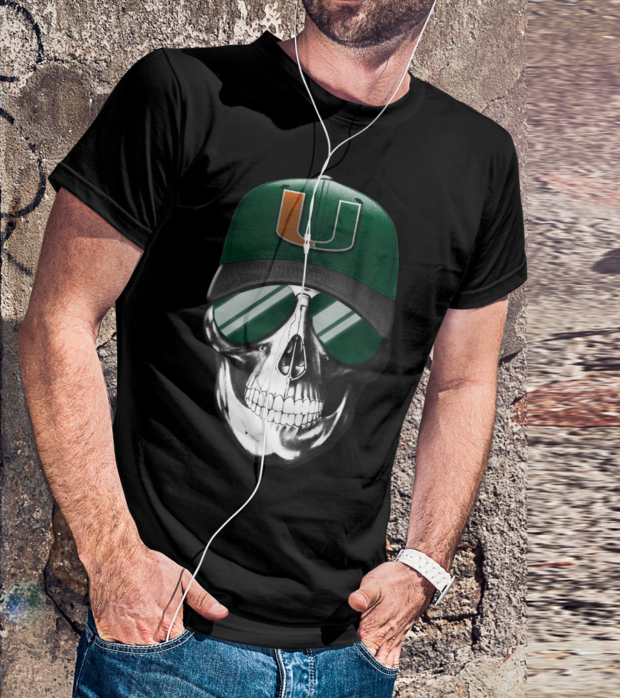 Miami Hurricanes Skull Cap With Reflective Sunglasses T-Shirt