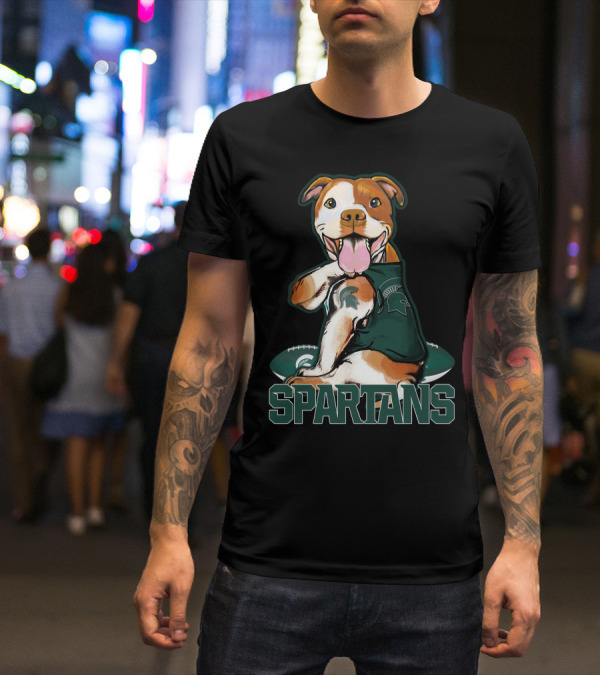 Spartans Pitbull Wearing Michigan State Logo With Football T-Shirt