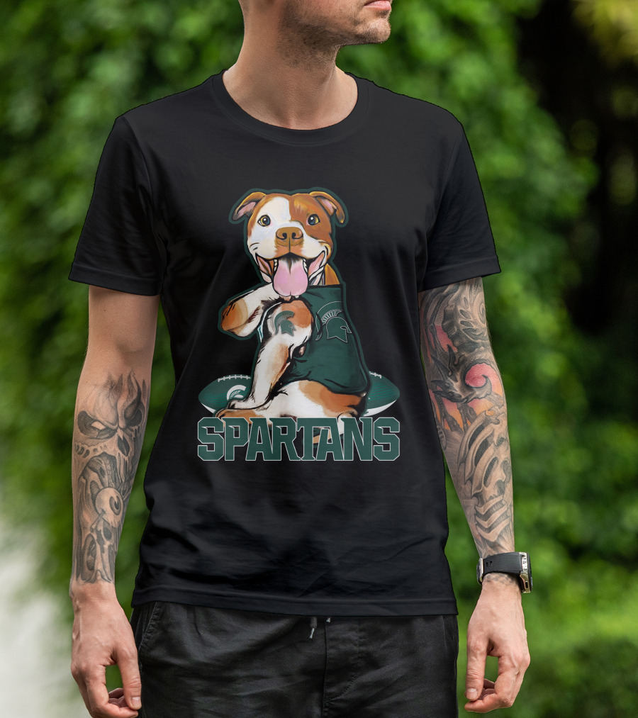 Spartans Pitbull Wearing Michigan State Logo With Football T-Shirt