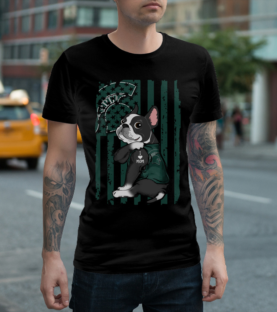Boston Terrier I Love Mom Michigan State Spartans Paw Prints T-Shirt